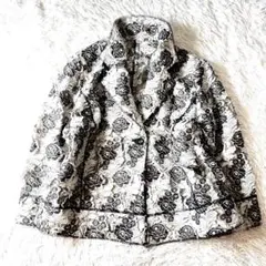 古着 花柄　立体ジャガード織　ジャケット 日本製 羽織り モノトーン 15号