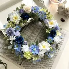 アーティフィシャルフラワーリース フラワーリース　玄関リース　ブルー系リース