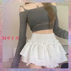 ミニスカート フリル ホワイト　インナーパンツ　見せパン　韓国　ガーリ M
