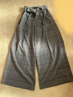 ワイドパンツ ウエストリボン　グレー系チェック　サイズLL