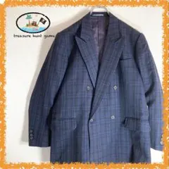 レトロデザイン ダブルブレストジャケットネイビー系チェック 裏地 パープル