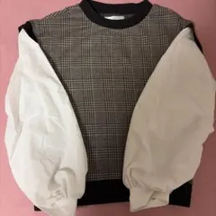 チェック柄パフスリーブ長袖トップス