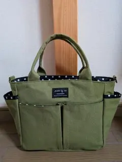 オリーブグリーン 帆布◆ドット◆ポケット沢山トートバッグ◆ハンドメイド◆