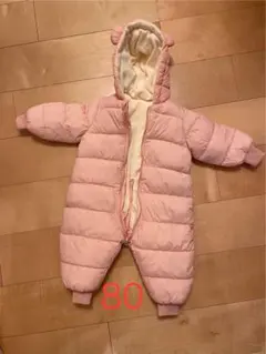 【圧縮&即日発送】80 ジャンプスーツ 中綿 フード付 くま耳 薄ピンク ダウン