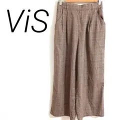 ViS チェック柄ブラウンワイドパンツ　S サイドポケット　ウエストゴム