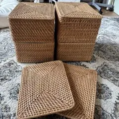 無印 重なるラタンバスケット蓋付きや４個セット