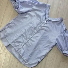 ブルー　ブラウス　ストライプ　バルーン袖　5分袖　M〜L