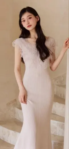 polaura usagipink 限定色 レースフリルニットワンピース ピンク