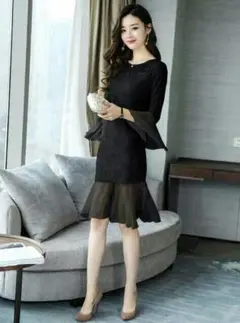 フレア袖 韓國 結婚式 代 パーティードレス お呼ばれドレス  黒ドレス68: