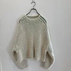 LINKABLE アイボリーとグリーンのストライプリブ編みニット38size