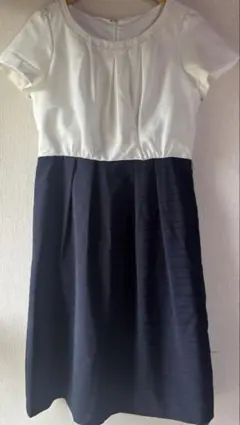 【古着・ブランド不明・11AR】白×紺ドッキングワンピース