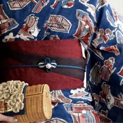 【ニコアンティーク　半幅帯　小袋帯　赤　ボルドー　黒　リバーシブル】