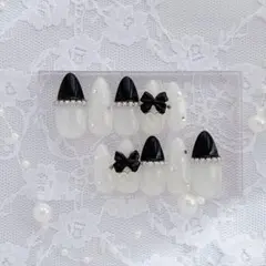 量産系ガーリー♡ブラック×ホワイト　リボン×ハート　ネイルチップ