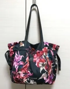 ハナエモリ 花柄ドローストリングショルダーバッグ 肩掛けバッグ 黒