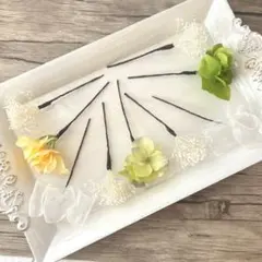 No.55 グリーンイエロー♡紫陽花♡カスミ草♡リボン♡ヘッドパーツ♡髪飾り♡
