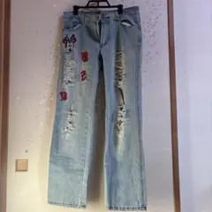 ミニーマウス刺繍ダメージデニムパンツ 28×32