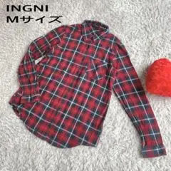INGNI イング M 先染チェック 長袖シャツ赤袖ロールアップ綿100%のサムネイル