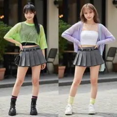 ベルト付 プリーツ ミニスカパン チャコールグレー 着痩せ 脚長 韓国 Y2K