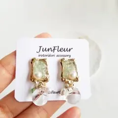 156* スクエア天然石と淡水パール耳飾り(フローライト) ピアス/イヤリング