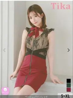 ヌーディーレース 切り替え フリル袖 ジッパー 谷間見せ タイトミニドレス