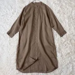 無印良品　リネンバンドカラーシャツワンピースM-L　麻100%　カーキ◆A860