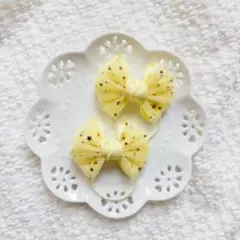 173 ［イエロー/チュールリボン］ハンドメイド　ツイン　キッズ　ヘアゴム　黄色