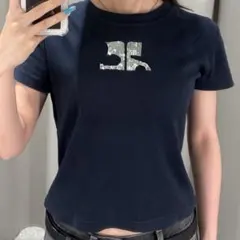 courreges クレージュ 半袖 Tシャツ ネイビー スパンコールロゴのサムネイル