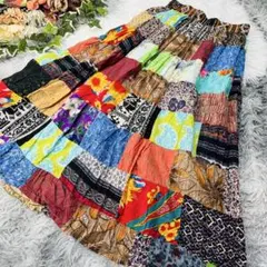 HB+ パッチワークロングフレアスカート　エスニック　インド綿　ボヘミアン　総柄のサムネイル