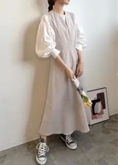 Futier land Vネックフレアツイルワンピース