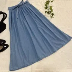 【美品✨】ジーユー GU リボン付デニムフレアロングスカート ライトブルー