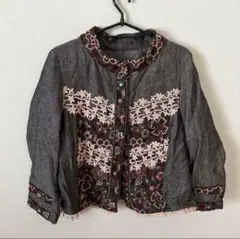 びーどろ　ブラウン　ウールリネン　麻　花刺繍レース　シャツ　ジャケット