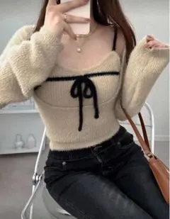 SHEIN ワンホン FRIFUL ベージュ リボン付きニットトップス スナ系