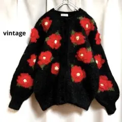 vintage 総柄立体ウールモヘアパールニットカーディガン 大きいサイズ 黒