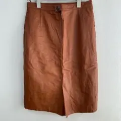 ブラウン フェイクレザー風 ミディ丈スカート 上品