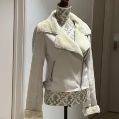 【美品】ムートン ライダースジャケット グレージュ ファー ボア