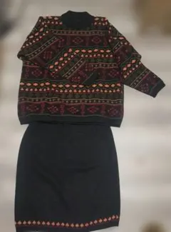 幾何学模様ニットセーター＆スカートセット