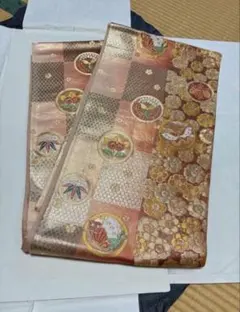 【売り切りたいです】袋帯　正絹　金糸　花蝶文　桜　橙　サーモンピンク　着物　振袖のサムネイル