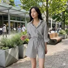 未使用品 タグ無し 訳あり品 サロペット ショートパンツ ストライプ柄 5分袖