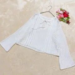 【GUジーユー】2WAYレーシーフレアスリー ブセーター 紐リボンオフホワイトS