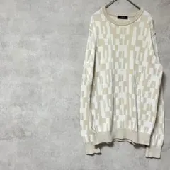 ダックス　日本製　長袖ニット　綿混　白系　総柄　コットン　春秋冬