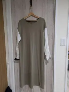 ✿fifth✿オリーブグリーン・ホワイト　長袖カットソーワンピース　フリル袖口