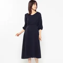 スラッシュスリーブワンピ 七分袖（紺 ネイビー）ミッシュマッシュ