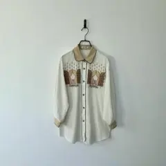 古着 刺繍ブラウス 7分袖 チェック ブラウン ベージュ レトロ パイピング L