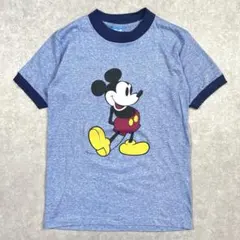 80s USA製 ディズニーミッキーリンガーTシャツ ブルー S