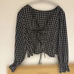 チェック柄フロントリボンブラウス