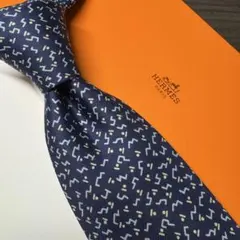 極美品 HERMES エルメス 崩しHロゴ ジオメトリック柄 ネクタイ ネイビー