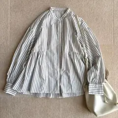 洗える♡オペーク＊バンドカラーペプラムシャツ　ブラウス　ストライプ　38