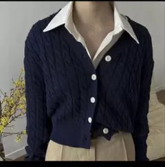 紺 カーディガン ニット ケーブル編み shein