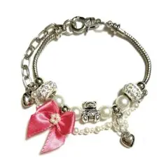 ベア くま リボン ブレスレット アクセサリー ピンク パール シルバー