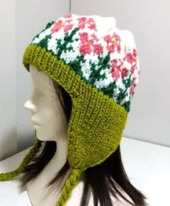 ★花柄耳あて付きニット帽★ハンドメイド